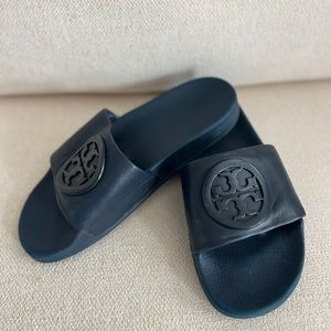 COPY - Tory Burch Lina Leather Logo Slides Shoes Size 7 Navy